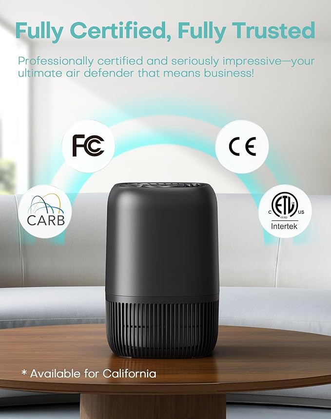 Air Purifiers for Office with H13 True HEPA Filter Up to 1076 Ft² for Pet Family, Pollen, Smoke, Compact Air Cleaner with 3 Speeds, Timer, Aroma Quiet, 360°Intake, for Home Bedroom, Black