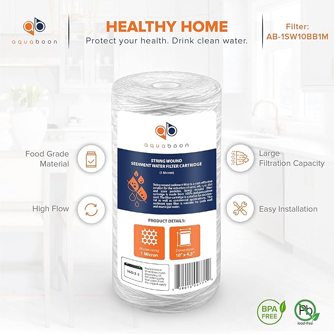 Aquaboon 1 Micron String Wound Water Filter 10x4.5 Replacement - Whole House Water Filter Cartridge Compatible with WP5BB97P,WP10BB97P, AP810, 2-Pack