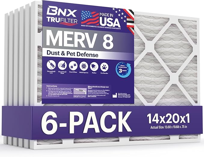 BNX TruFilter 14x20x1 Air Filter MERV 8 (6-Pack) - MADE IN USA – Dust & Pet Defense Electrostatic Pleated Air Conditioner HVAC AC Furnace Filters for Dust, Pet, Mold, Pollen MPR 600 – 700 & FPR 5