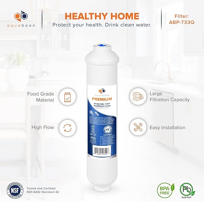 Aquaboon Premium Inline Post/Carbon Polishing Water Filter Catridge for Reverse Osmosis System Standard Size (Quick Connect Fiting) RO Water Filter Replacement Compatible with ICF-10 2-Pack