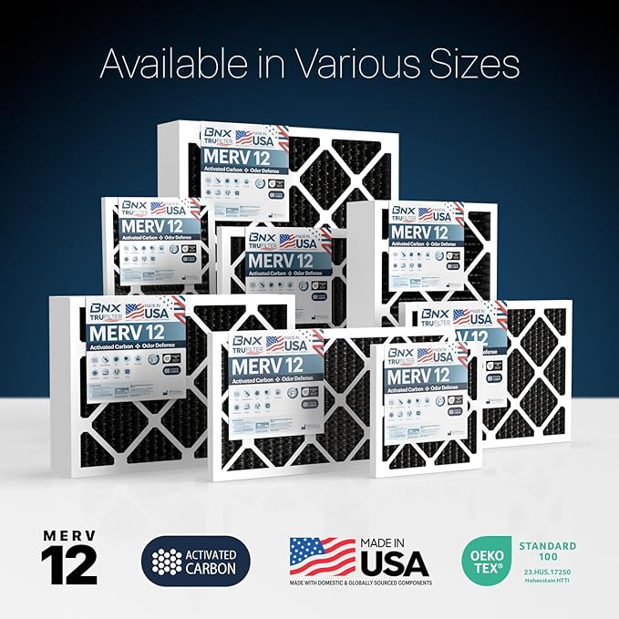 BNX TruFilter 20x22x1 MERV 12 Odor Defense (6-Pack) AC Furnace Air Filter with Activated Carbon - MADE IN USA - Pleated Air Conditioner HVAC AC Furnace Filters - Removes Odor, Mold, Bacteria, Smoke