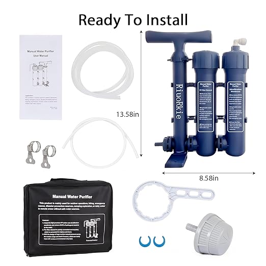 Water Purifier Survival Water Purification - Water Filter Camping Filtration System Survival Emergency, Hand Pump, 1.5L/Min High-Volume, 3-Stage Water Purification System for Group Camping and Etc