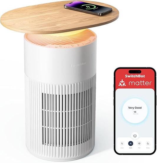 SwitchBot 4 in 1 Air Purifiers Table with Matter, Up to 3620 ft², H13 HEPA Pet Filter, Wireless Charging, Washable Pre-filter, 10 RGB Colors, Work with Apple Home, Alexa, GoogleHome, HomeAssistant