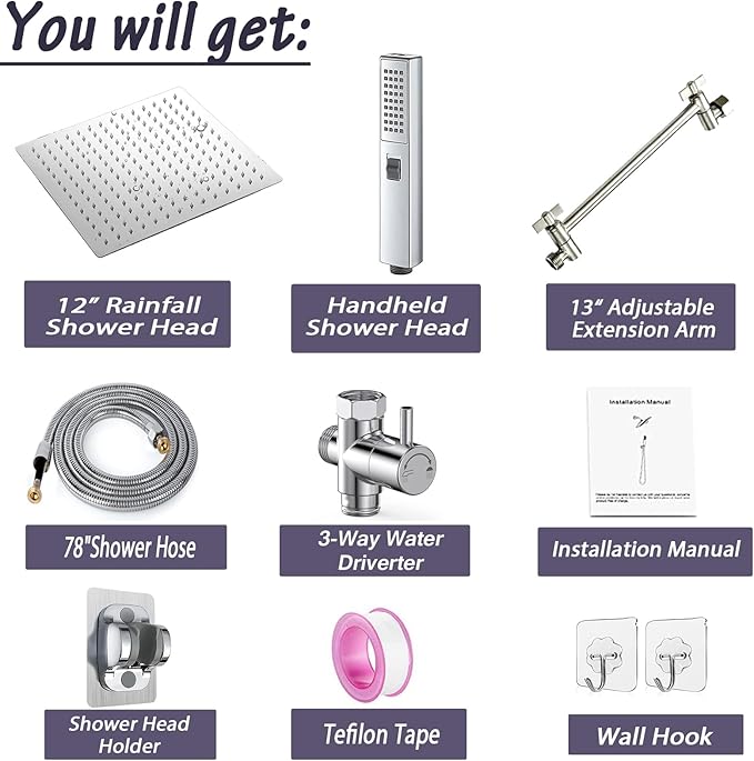 12 Inch High Pressure Square Rain Shower Head and 2-in-1 Hand Shower, Equipped with 78"Hose and 13" Shower Arm, 3 Way Diverter Valve, Shower Head Holder (AWAXFOLO Square Shower Head Set Chrome)