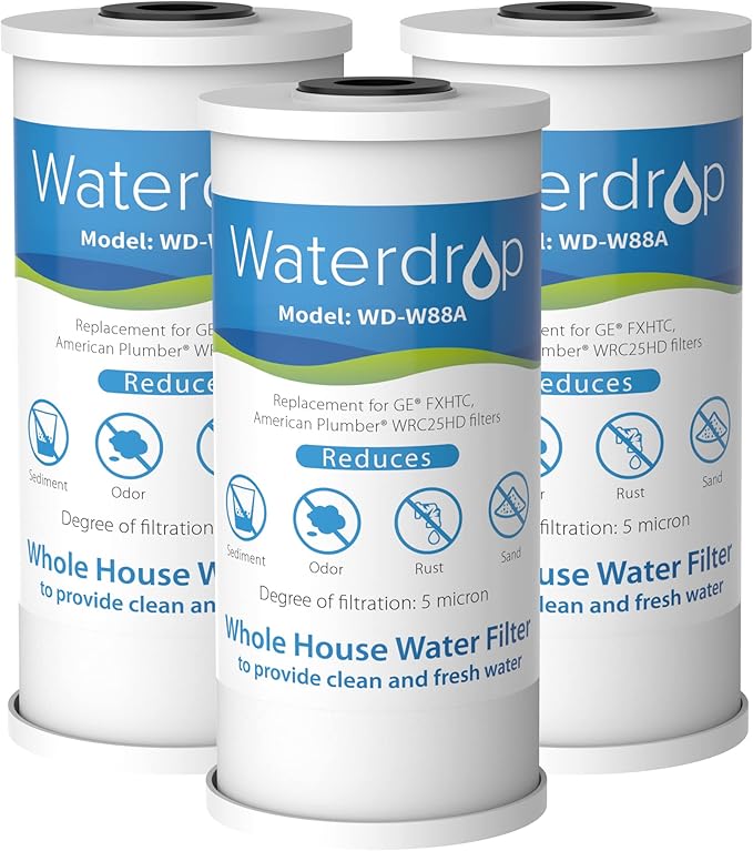 Waterdrop FXHTC Whole House Carbon Water Filter, Replacement for GE® FXHTC, GXWH40L, GXWH35F, Culligan® RFC-BBSA, American Plumber W10-PR, W10-BC, WRC25HD, 10" x 4.5" Cartridge, 5 Micron, Pack of 3