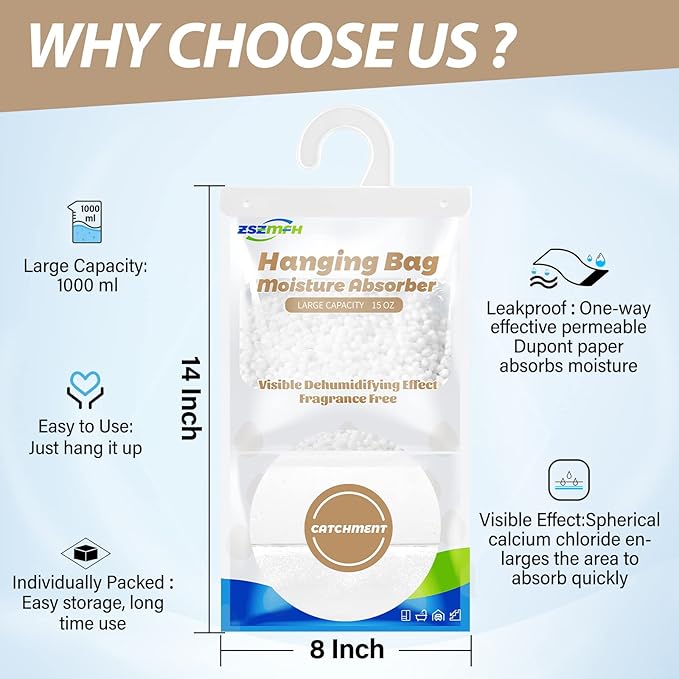 ZSZMFH 12 Pack Moisture Absorber Hanging Bags, Fragrance Free Humidity Packs, 15 OZ Dehumidifier Bags Effectively Trap Extra Moisture,Hanging Closet Dehumidifier Bags-425g/pack