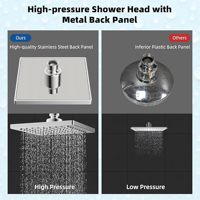 Hibbent Thickness Metal Rain Shower Head, 6 Inch High Pressure Rainfall Shower Head, Square Bathroom Waterfall Shower Heads, High Flow Fixed Showerheads with Adjustable Brass Ball Joint, Chrome