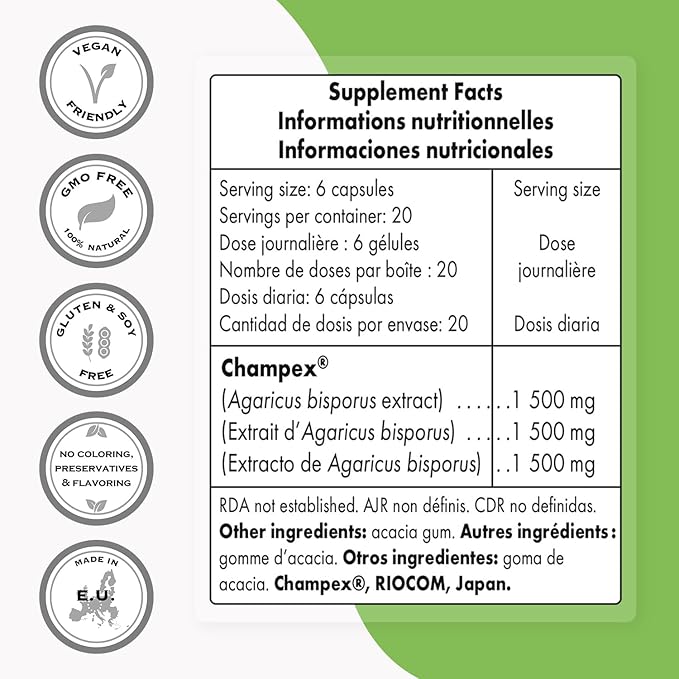 Supersmart - Champex Mushroom (Agaricus Bisporus Extract) 1500 mg per Day - Body Odor & Bad Breath Supplement - Internal Deodorizer | Non-GMO & Gluten Free - 120 Vegetarian Capsules