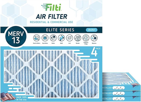 FILTI 20x20x1 Air Filter MERV 13 | Pleated Home Air Filter | HVAC AC Furnace Filter MADE IN USA (4 Pack)
