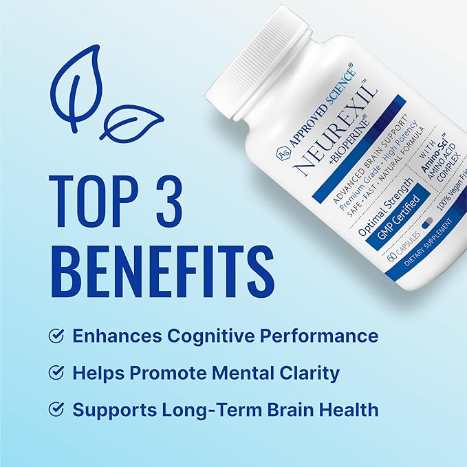 Approved Science Neurexil - Natural Nootropic Support with DMAE - Enhance Brain Function, Sharpen Clarity, Boost Memory - L-Tyrosine, Ginkgo Biloba, Huperzine A, BioPerine - 4 Month Supply