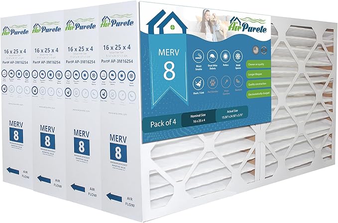 Furnace Filter 16x25x4 (Actual Size: 15-1/2" x 24-1/2" x 3-3/4") | Replacement for Pleated HVAC AC Furnace Air Filters | MERV 8 | Pack of 4