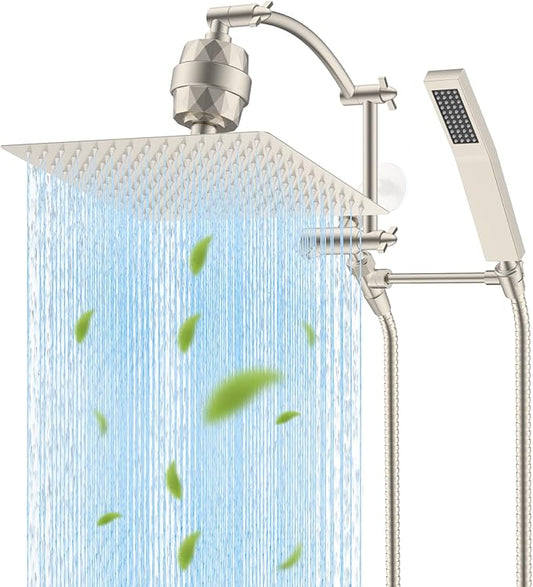 Hibbent Metal 12'' Filtered Rainfall Shower Head with Handheld Combo, High Pressure Shower Wand, 16'' Adjustable Arc Extension Arm, 20 Stage Shower Filter, 71'' Hose,Shower Holder, Brushed Nickel