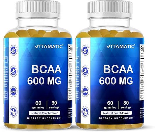 Vitamatic BCAA Gummies - Branch Chain Amino Acid Supplements - Peach Flavor - 600mg per Serving - 60 Vegan Pectin Based Gummies (2 Bottles)