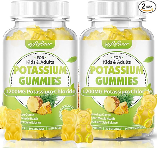 softbear Potassium Chloride Gummies 1200mg, Sugar-Free Potassium Gummies for Adults Support Leg Cramps High Potency Potassium Chloride Supplement, Pineapple Flavor 120 Count