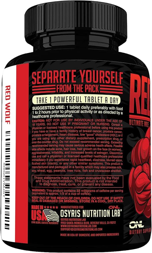 ONL Red Wolf Testosterone Booster for Men - Ultimate Men's Supplement for High Potency Endurance, Energy & Strength - Testosterone Supplement for Men - w/Tongkat Ali Male Enhancement - 30 Ct