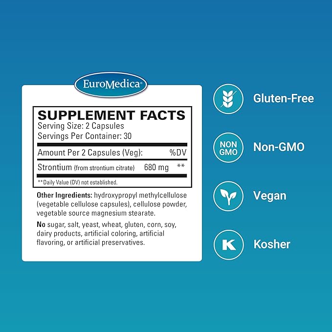 EuroMedica Strontium - Bone Health & Strength Support Supplement - Dietary Supplement with Vegan Capsules - Health Supplement with Strontium Citrate for Superior Absorption - 60 Capsules