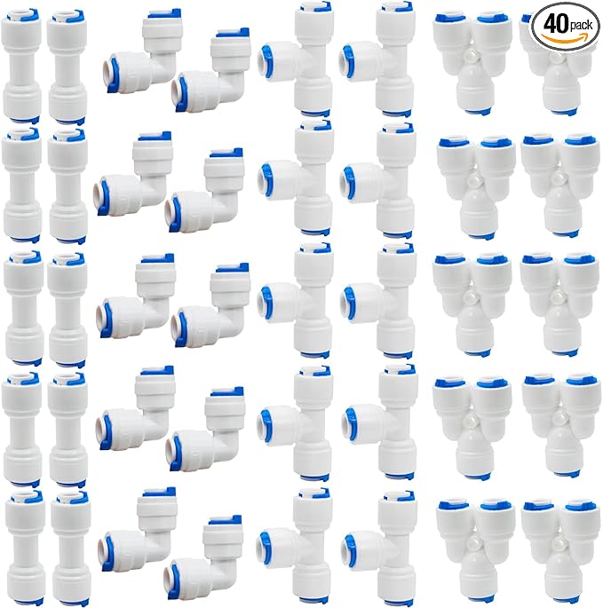 40 pcs Water Tube Fittings Kit,1/4" OD Quick Connect Push to Connect Fittings for RO/DI Water Filter System