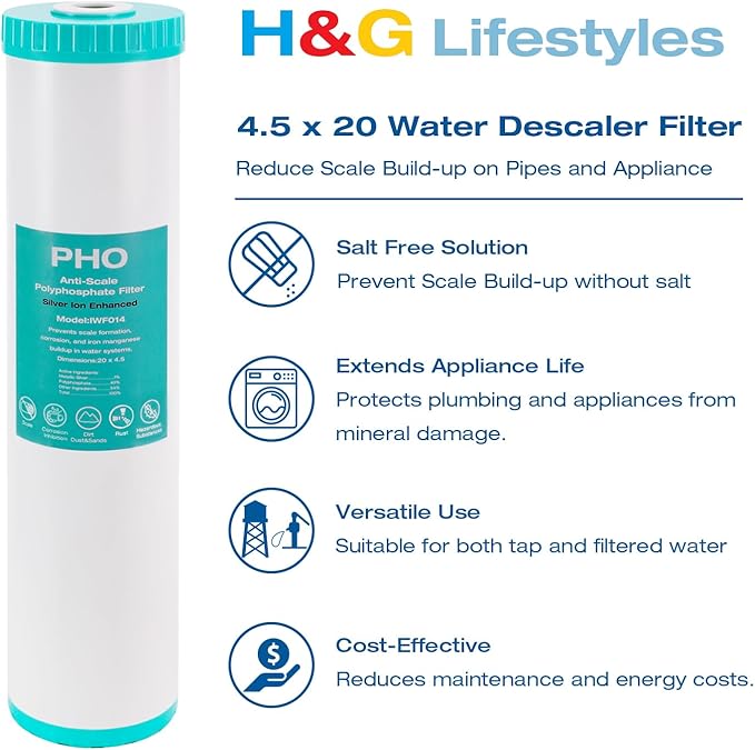 H&G Lifestyles 20 x 4.5 Whole House Anti-Scale Water Filter, Water Descaler Replacement Cartridge,Polyphosphate Scale Inhibitor Filter,for Any 20" Whole House Water Filters System