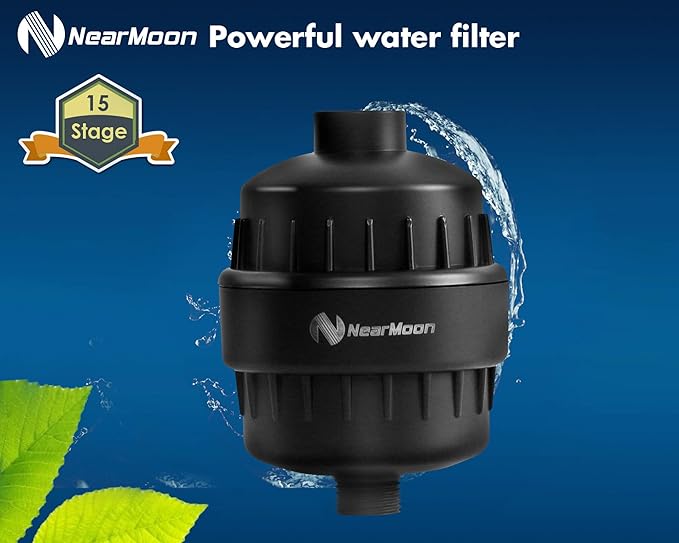 NearMoon Shower Head and 15 Stage Shower Filter Combo, High Pressure Filtered Shower for Hard Water, Improves the Condition of Your Skin, Hair (8 Inch, Black)