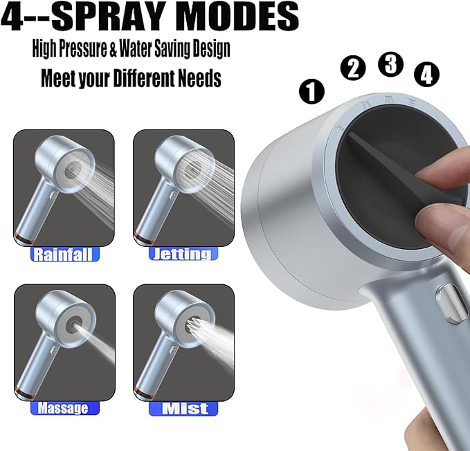 High Pressure Shower Head with Handheld, with Pause Switch 4 Spray Modes Water Saving Showerhead,Showerhead Set with Hose, Bracket and Cotton Filter, (blue)