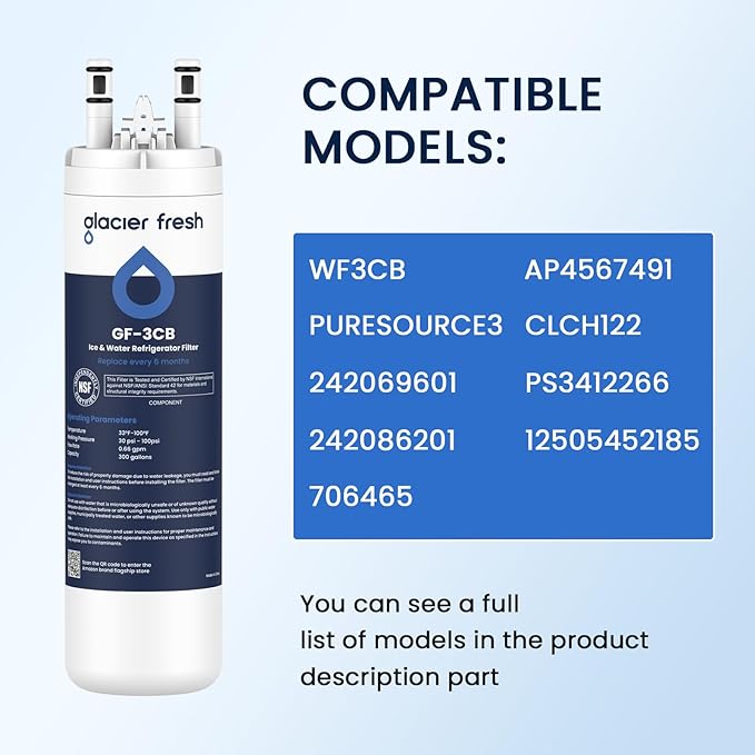 GLACIER FRESH WF3CB Refrigerator Water Filter Replacement for PureSource 3, 706465, WF425, Compatible with Frigidaire ULTRAWF, Pure Source Ultra, Kenmore 9999, 469999, A0094E28261, 3 Packs