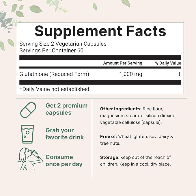 Micro Ingredients Glutathione 1,000mg, 120 Veggie Capsules | Extra Strength Reduced Glutathione + Active Antioxidant Form | Liver Health & Immune Support Supplement | Non-GMO, Gluten Free, Vegan