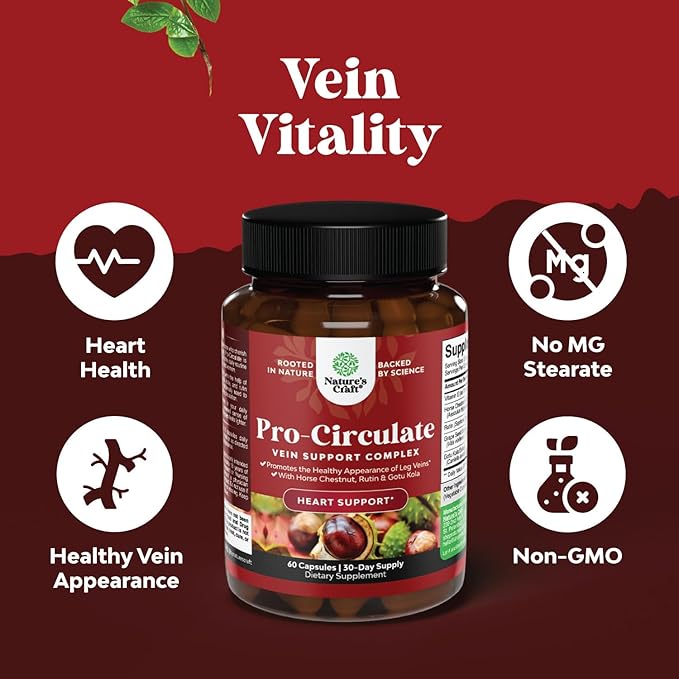 Vein Support Supplements Leg and Veins - Full Body Circulation Supplement for Spider & Varicose Veins and Improved Flow with Horse Chestnut Extract & Flavonoids - Vegan Non-GMO Mini Caps (1 Month)