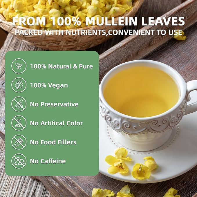 Veyorra Mullein Leaf Tea Bags - 100% Natural & Pure from Mullein Leaves.3g/Bag Non-GMO & Caffeine-Free, Loose Leaf Mullein Herbal Tea For Detox & Respiratory Support (30Bags)