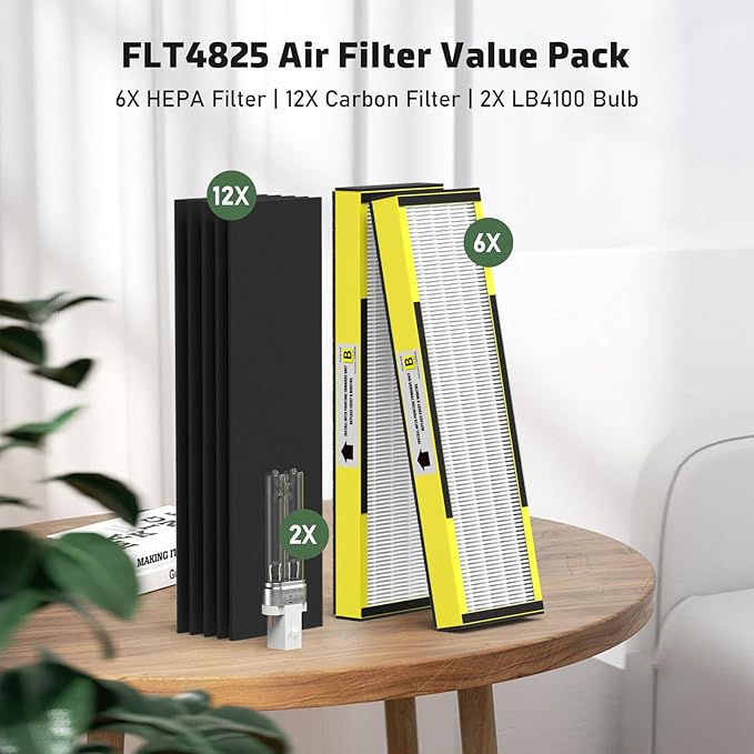 6 Packs FLT4825 HEPA Replacement Filter B & 2 Replacement Bulb Compatible with AC4825 AC4300 AC4800 AC4900 AC4850, Part No# FLT4825, LB4000