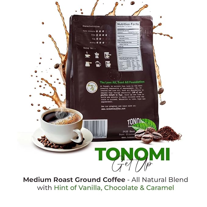 Tonomi Wake Up! Light Roast Ground Coffee - All Natural Blend with Hint of Vanilla, Chocolate & Caramel - Coarse Grounds for Cold Brew or Traditional Brewing - Caffeine Packed, 32oz