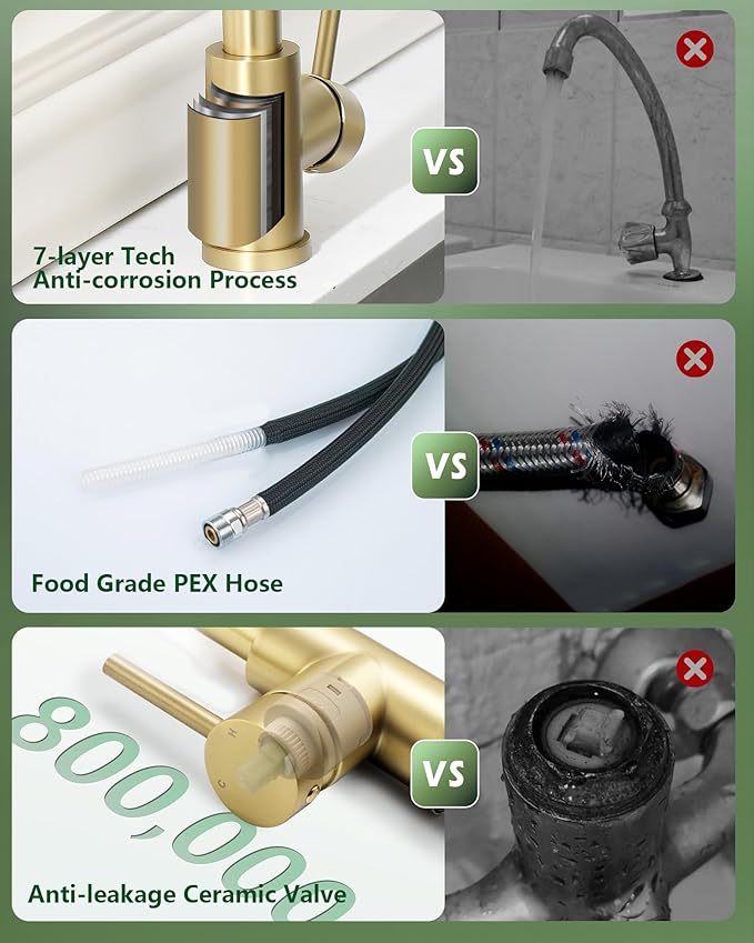 Gold Kitchen Faucet, Brass Kitchen Faucet with Pull Down Sprayer, Single Hole Stainless Steel Brushed Gold Faucet for 3 Hole Kitchen Sink Gooseneck for Commercial Modern Camper RV Farmhouse Bar Sink