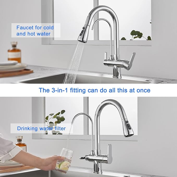 3 in 1 Kitchen Faucet with Drinking Water Faucet, 2 Handle Pull Down Kitchen Sink Faucet Water Filter Purifier Faucets (Chrome)