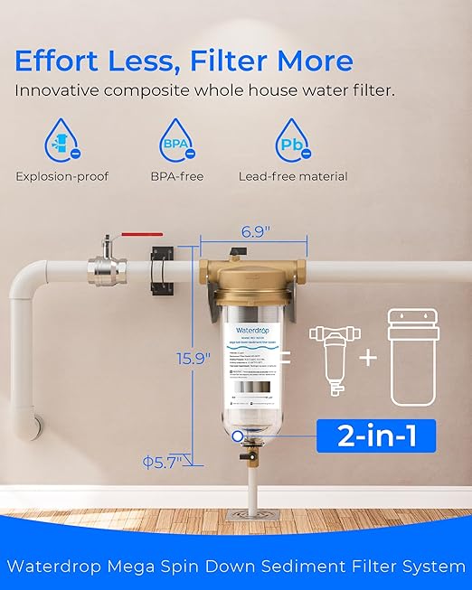 Waterdrop Mega Spin Down Sediment Filter, Reusable Whole House Water Filter System for City Water, Backwash Sediment Water Filter System, 100 Micron+5 Micron PP Filter, 1" MNPT + 3/4" FNPT, BPA Free