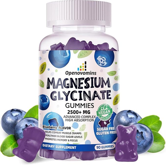 Magnesium Glycinate Gummies 2500mg - Sugar Free Magnesium Potassium Supplement with Vitamin D, B6, CoQ10 for Calm Mood & Sleep Support - 90 Blueberry Gummies
