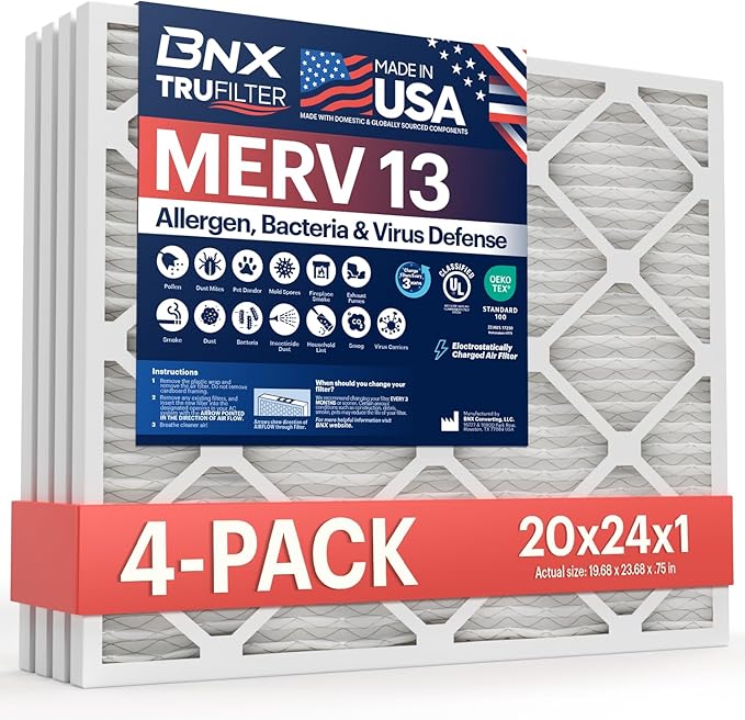 BNX TruFilter 20x24x1 Air Filter MERV 13 (4-Pack) - MADE IN USA - Electrostatic Pleated Air Conditioner HVAC AC Furnace Filters for Allergies, Pollen, Mold, Bacteria, Smoke, Allergen, MPR 1900 FPR 10