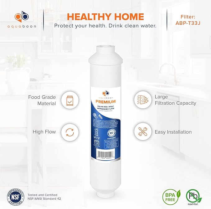Aquaboon T33 Inline Carbon Filter - 1/4 Inline Water Filter for Refrigerator T33 Inline Ro Post/Granular Activated Carbon (GAC) Polishing Water Filter Cartridge for Reverse Osmosis System 4-Pack
