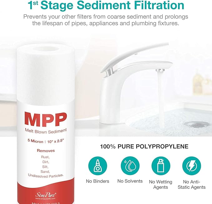 SimPure SP5-RO75 6-Stage 10" Reverse Osmosis Replacement Filter Set with Alkaline Mineral Filter, Complete Set for 75 GPD Standard 6-Stage Reverse Osmosis RO Water Filtration Systems, 6 Pieces