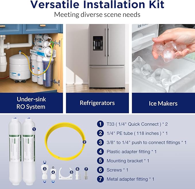Membrane Solutions Inline Water Filter Kit for Refrigerator and Ice Maker, Reduces Chlorine Taste and Odor, Compatible with 1/4" & 3/8" Pipes, Ideal for Drinking Water and Filtered Ice, 2 Pack