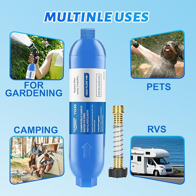 RV Inline/Marine Water Filter With Flexible Hose Protector, Reduce Bad Taste, Odors, Rust, Fluoride, Chlorine and Sediment in Drinking Water (2 Pack)