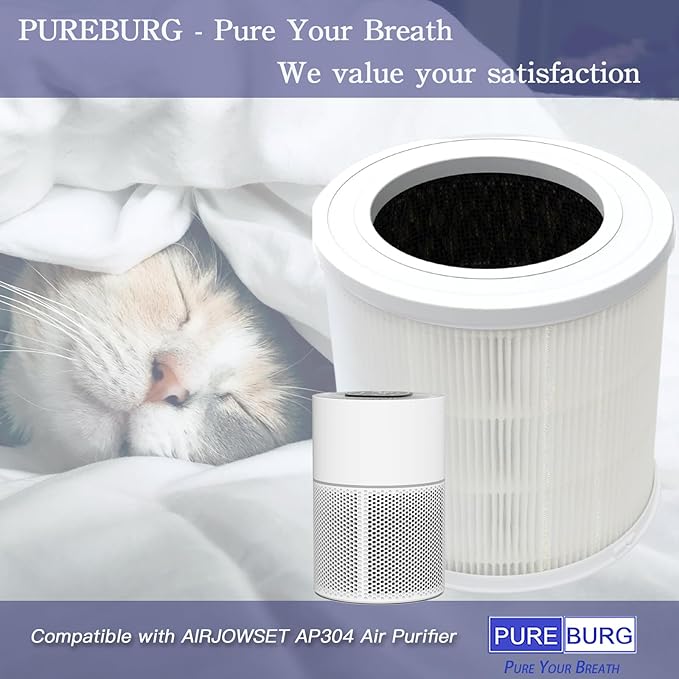 PUREBURG AP304 Replacement Air Filter Compatible with AIRJOWSET & GCZ AP304 Air Purifier, H13 4-Stage Filtration Activated Carbon,2-Pack