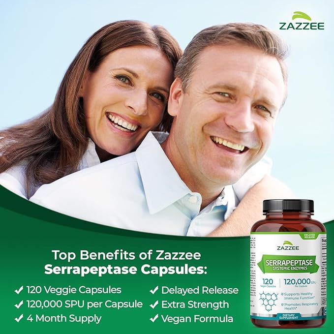 Zazzee Delayed Release Serrapeptase, 120,000 SPU per Capsule, 120 Vegan Capsules, 4 Month Supply, Extra Strength, Potent and Concentrated Systemic Enzymes, 100% Vegetarian, All-Natural and Non-GMO