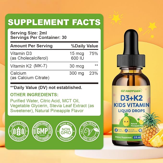 Kids Vitamin D3 K2 Drops, Vitamin D3 K2 (MK-7) Supplement with Calcium for Kids & Adults - Support Strong Bones, Teeth & Immune, Sugar Free Pineapple Flavor 2 FL OZ