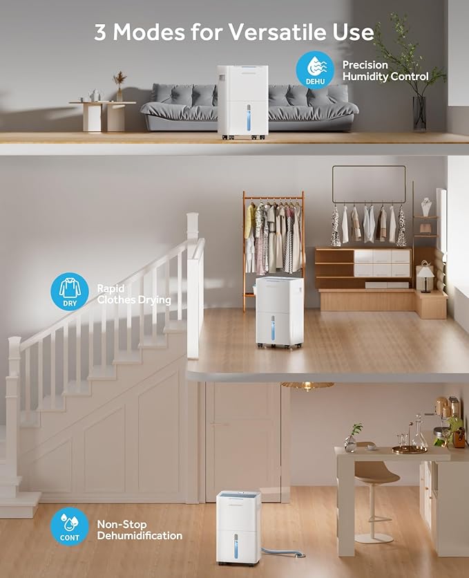 1500 Sq.ft Dehumidifier for Basement, MAX 21 Pints Dehumidifiers for Home with Drain Hose, Smart Humidity Control, 3 Modes for Bedroom and Bathroom, Dry Clothes, 24H Timer (White and Gray)