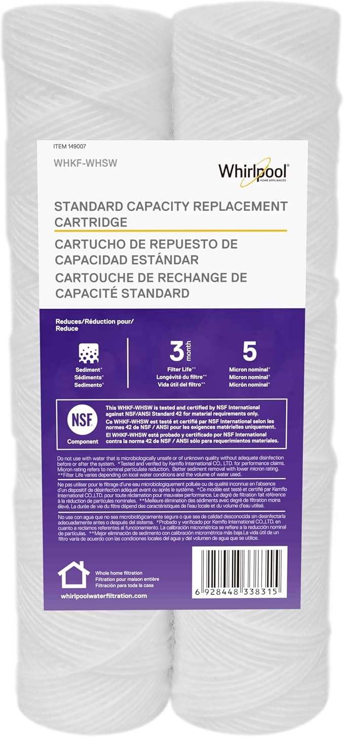 Whirlpool 10" x 2.5" String Wound Whole House Water Filters, NSF Certified 5-Micron Filtration Reduces Sediment for Well Water, WHKF-WHSW, 2-Pack