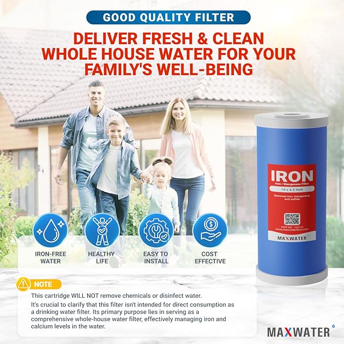 Max Water Whole House Iron and Manganese Reducing Replacement Water Filter Cartridge for Whole House Systems - 10" x 4.5" Iron Removal Filter for Well Water