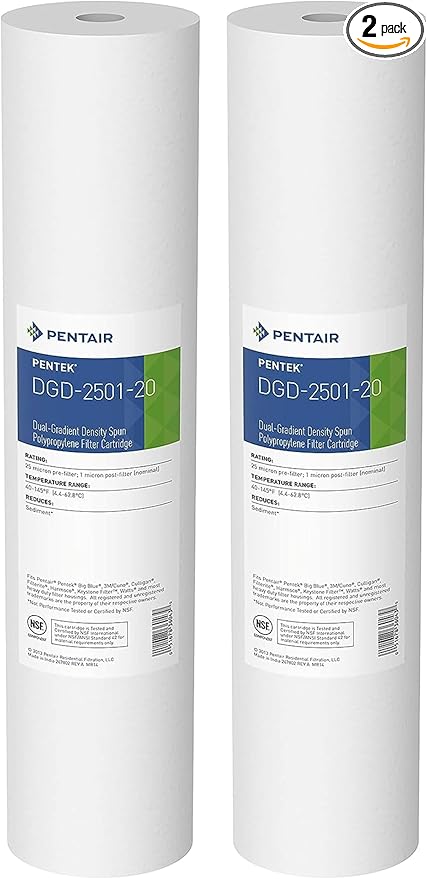 Pentair Pentek DGD-2501-20 Big Blue Water Filter, 20-Inch Whole House Sediment Filter Cartridge Replacement, Dual-Gradient Density Spun Polypropylene, 20" x 4.5", 1 Micron, Pack of 2, White