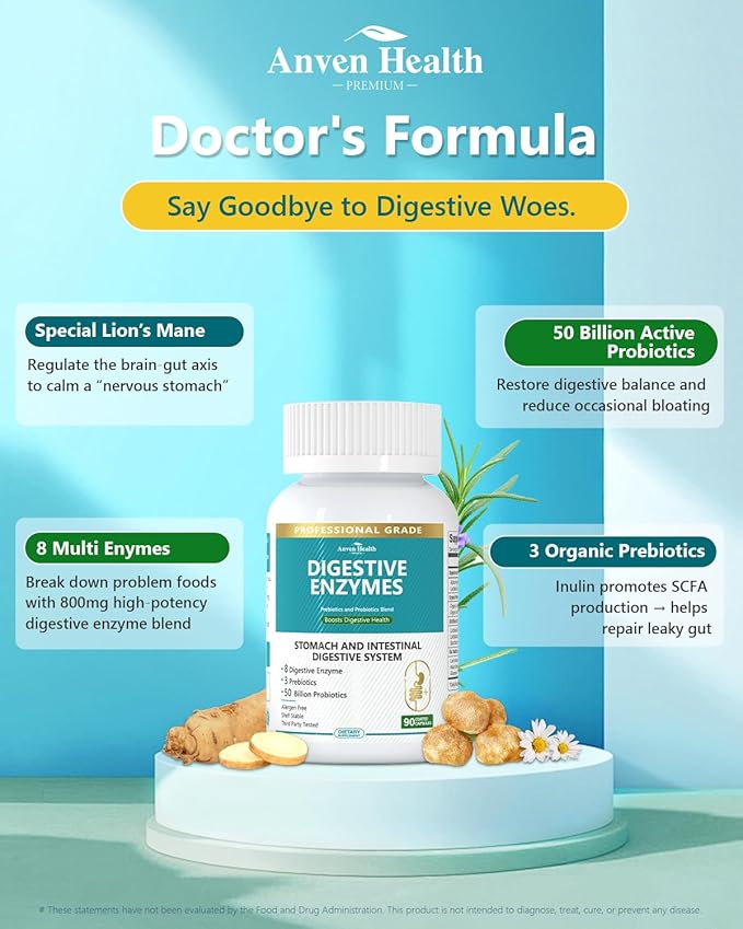 Digestive Enzymes for Men and Women with Probiotics & Organic Prebiotics for Bloating & Gas Relief - 800mg Formula with Gut Repair Glutamine & Lion's Mane, Non-GMO | 90 Capsules