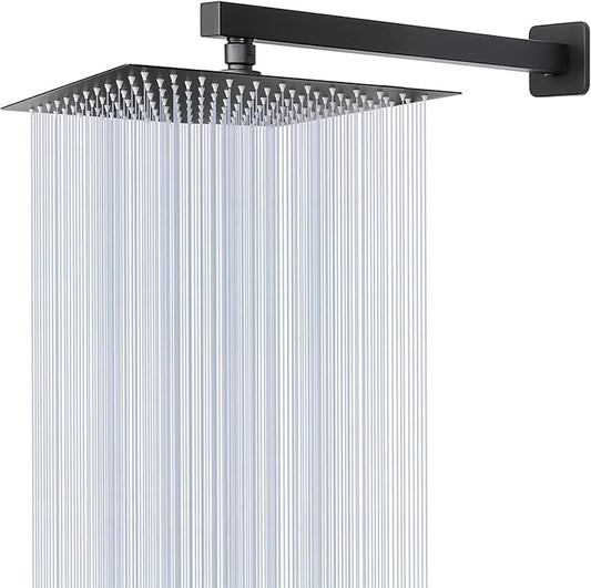 HarJue Shower Head with Extension Arm, High Pressure Square with ShowerArm, Stainless Steel Rainfall-Waterfall Full Body Coverage (10'' Shower with 16'' Arm, Matte Black)