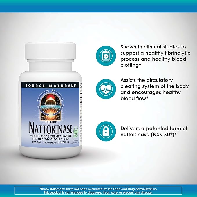 Source Naturals NSK-SD, Nattokinase, Vegetarian Friendly, Whole Body Systemic Enzyme for Healthy Circulation*, 200 mg - 30 Vegetarian Capsules