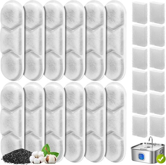 12 Pack Dog Water Fountain Replacement Filters for 410oz/3.2Gal/12L Pet Water Dispenser, ZEKIRY Pet Fountain Filter, 4-Layer Filtration Cat Drinking Bowl Filters and Pump Sponges